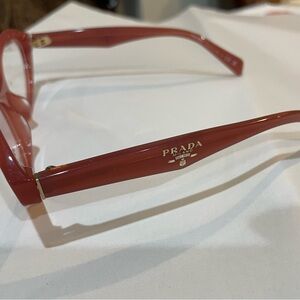 Prada Women's Brick Red Rectangular Acetate Glasses with Gold Logo